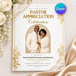 Puede incluir: Un folleto de celebración de agradecimiento al pastor con una foto central en arco de una pareja con ropa color crema. El texto incluye Grace Community Church, Pastor David & First Lady Naomi Bennett, Celebrating 15 Years of Faithful Service y Jeremiah 3:15.