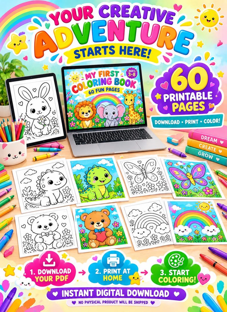 Kids Coloring Book PDF, 60 Printable Coloring Pages for Kids Ages 3-8 ...