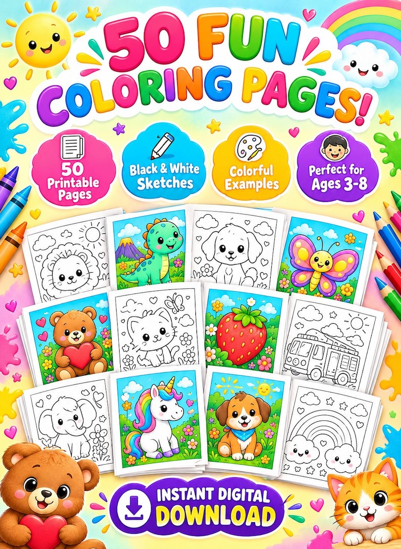 Kids Coloring Book PDF, 50 Printable Coloring Pages for Kids Ages 3-8 ...