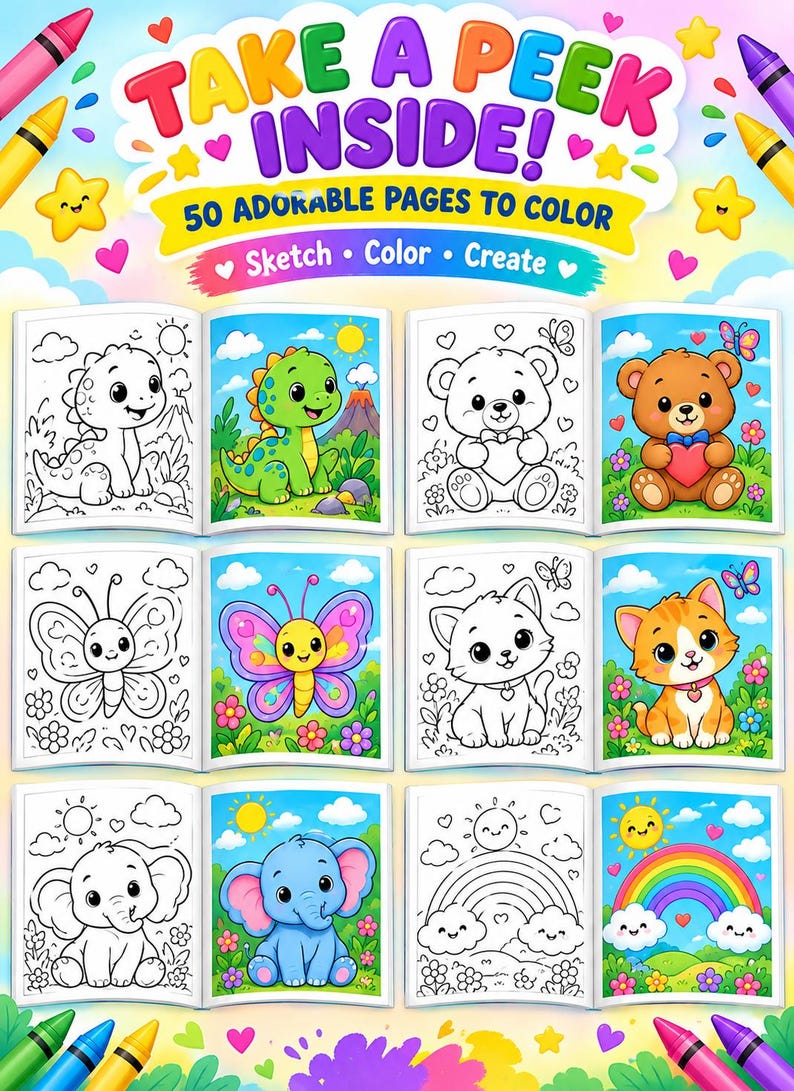 Kids Coloring Book PDF, 50 Printable Coloring Pages for Kids Ages 3-8 ...