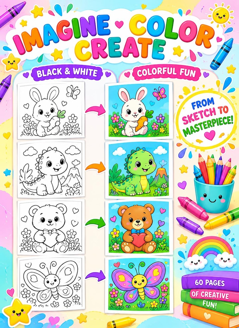Kids Coloring Book PDF, 60 Printable Coloring Pages for Kids Ages 3-8 ...
