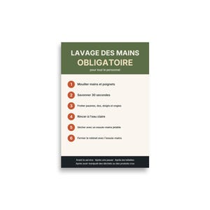 May include: A rectangular sign with a dark green header reading LAVAGE DES MAINS OBLIGATOIRE, followed by a cream-colored section listing six numbered steps for handwashing, and a black footer with additional text instructions.