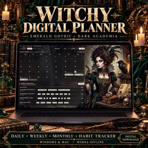 May include: A laptop displaying a digital planner interface with a monthly calendar and habit tracker. The screen features an illustration of a person in ornate attire with a raven, alongside text reading WITCHY DIGITAL PLANNER.