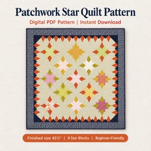 May include: Patchwork Star Quilt Pattern Digital PDF Pattern Instant Download. A square quilt featuring nine multi-colored star blocks on a beige background with an orange sawtooth border and a dark blue patterned frame. Finished size 45.5 inches.