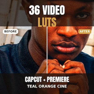 May include: A split-screen comparison showing a before and after effect on a portrait. The text reads 36 VIDEO LUTS, BEFORE, AFTER, CAPCUT + PREMIERE, and TEAL ORANGE CINE. The image displays a person with a dark shirt in a teal and orange color grade.