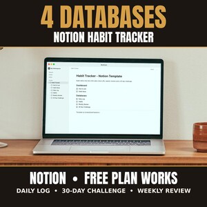 Op de afbeelding: Een laptopscherm met een Notion gewoonte-tracker sjabloon met secties voor een dashboard, dagelijks logboek, gewoontes, wekelijkse beoordeling en een 30-dagen uitdaging. De tekst luidt 4 DATABASES NOTION HABIT TRACKER, NOTION FREE PLAN WORKS.
