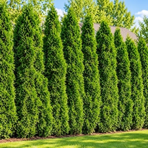 May include: A row of tall, narrow, evergreen arborvitae trees with dense, vibrant green foliage. The trees are planted in a straight line, creating a vertical, columnar shape that forms a continuous, textured green hedge against a blue sky.