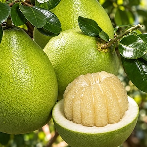 May include: Several large, round, light green pomelo fruits with thick, textured rinds hanging from a tree branch with dark green leaves. One pomelo is cut open, revealing the pale, segmented, translucent citrus fruit inside.