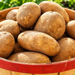 May include: A wooden bushel basket with a red rim filled with numerous raw, unwashed brown potatoes. The potatoes have textured, earthy skins and are piled high within the container, showing various oval and rounded shapes.