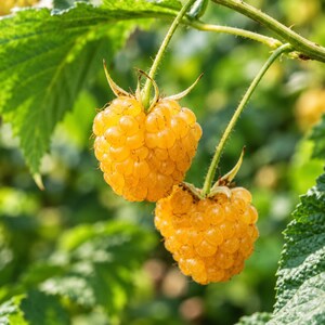 May include: Two ripe golden yellow raspberries hang from a green stem with small, fine hairs. The berries have a textured, bumpy surface and are surrounded by serrated green leaves, capturing the natural detail of the fruit in sunlight.
