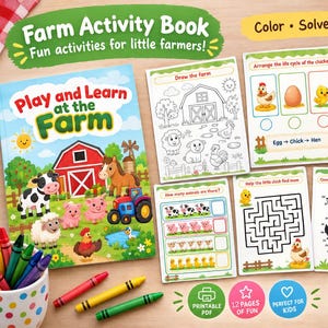 Pode incluir: Um livro de atividades sobre a fazenda intitulado Play and Learn at the Farm com um celeiro vermelho, animais e um trator na capa. Inclui seis páginas de atividades com labirintos, pontos para ligar, caça-palavras e tarefas de contagem, mais lápis.