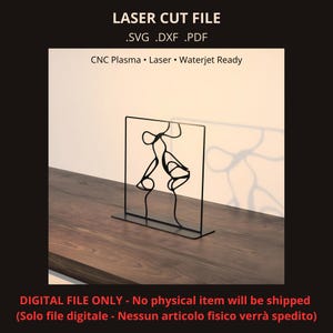 Può includere: Una scultura in filo metallico nero con un design astratto a linee di due figure, presentata come file di taglio laser digitale in formati SVG, DXF e PDF. Il testo LASER CUT FILE, .SVG .DXF .PDF e CNC Plasma Laser Waterjet Ready è visibile.