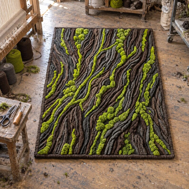 Tree Designed Rugs Hand Tufted Moss Rug, High Low Pile Tree Bark Carpet, Loop Cut Pile ...