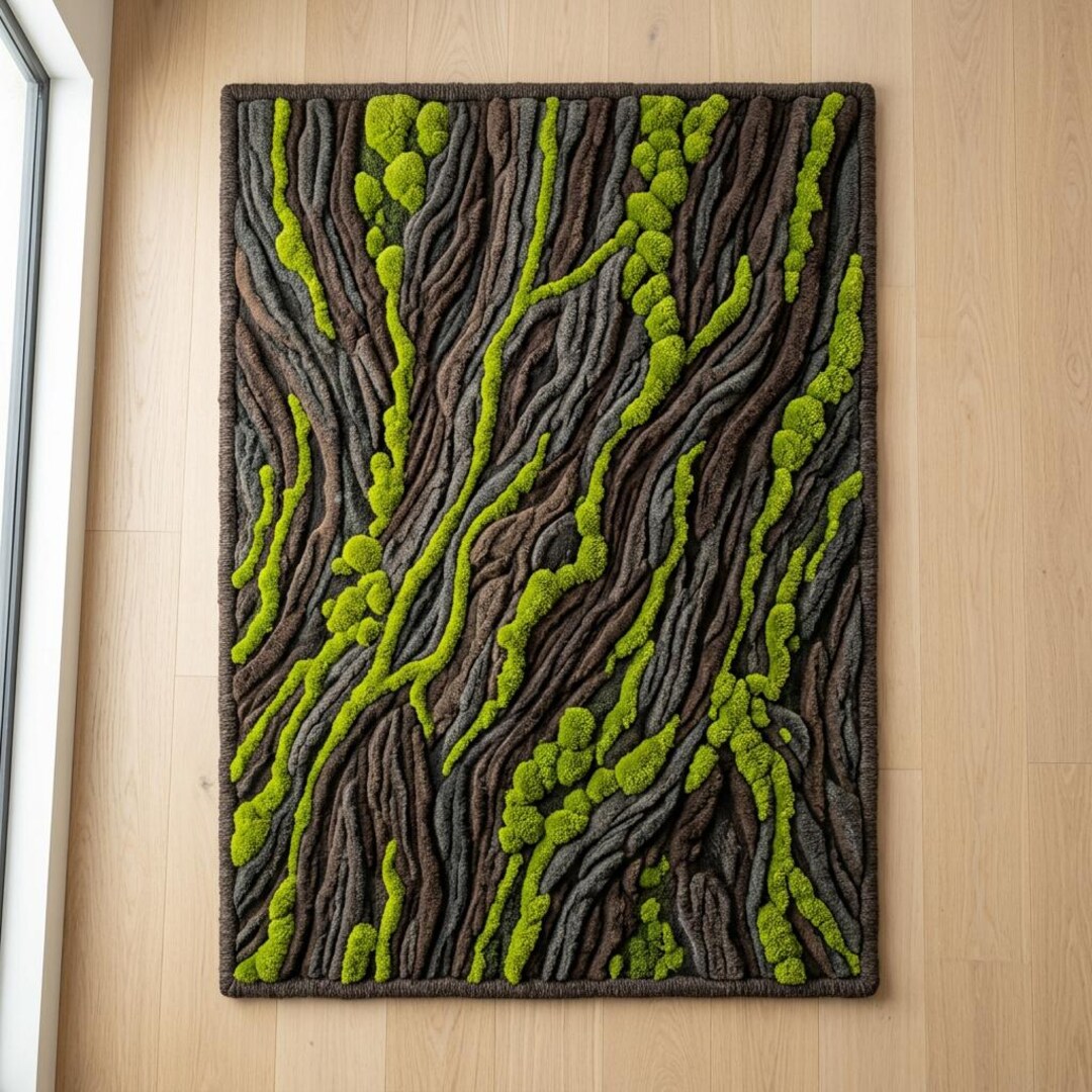 Tree Designed Rugs Hand Tufted Moss Rug, High Low Pile Tree Bark Carpet, Loop Cut Pile ...