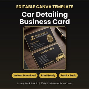 Mobile Auto Detailing Business Card Canva Template, Gold & Black Luxury Car Wash Calling Cards, DIY Editable QR Code Marketing Printable