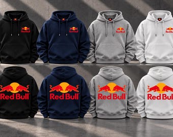 May include: A collection of eight hooded sweatshirts in black, navy blue, gray, and white. Each hoodie features a drawstring hood, a front kangaroo pocket, and the red and yellow Red Bull logo printed on the chest and the back.