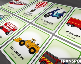 SPANISH Flash Cards, Transport,  Instant Download