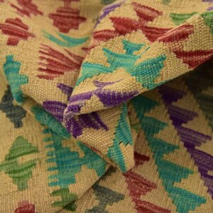 Handwoven Wool Kilim Rug, Colorful Geometric Area Rug, Bright Boho Tribal Carpet, Beige and Multicolor Diamond Pattern Flatweave