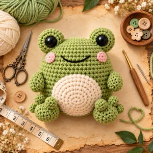 May include: A green crocheted frog plush toy with large black eyes, pink cheeks, and a cream-colored belly. The frog features a stitched black mouth and rounded limbs, presented alongside crafting tools including scissors and a measuring tape.