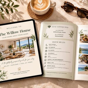 May include: A digital tablet and an open guidebook for The Willow House. The tablet screen displays a welcome page with a photo of a living room. The guidebook features house rules, Wi-Fi information, and local recommendations for Lake Tahoe.