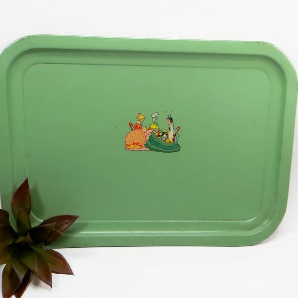 Vintage Metal Tray 1950s Jadeite  Green with Adorable Graphics Of Ladies Tea Party, Serving Tray, Metal Kitchen Tray, Vintage Kitchen Decor.
