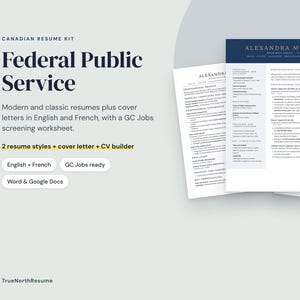 Pode incluir: Um kit de currículo canadense para o serviço público federal. O conjunto inclui estilos de currículo, cartas de apresentação e um construtor de CV em inglês e francês, compatível com Word e Google Docs, com planilhas de seleção GC Jobs.