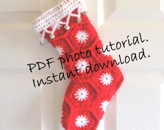 Christmas stocking crochet pattern. Photo tutorial.  PDF crochet pattern.  Instant download. Christmas decoration.