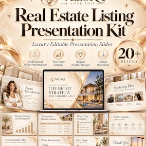 May include: A digital real estate listing presentation kit titled Velora Luxe Edit featuring over 20 editable slides. The design uses a cream and gold color palette with flowing abstract lines, showcasing various slide layouts for agents.