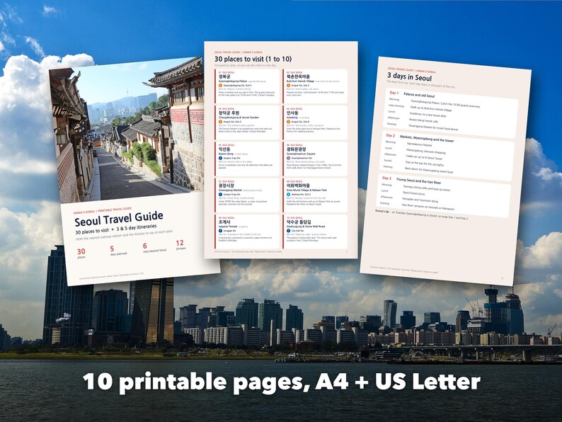 Seoul Travel Guide Printable, 30 Places to Visit, 3 and 5 Day Itinerary, Korea Trip Planner with Korean Phrases, First Time in Seoul image 2