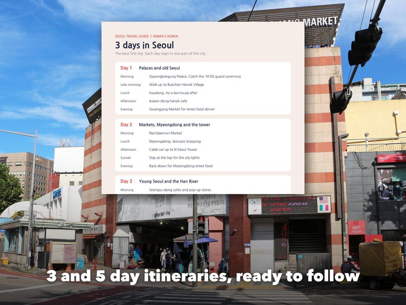Seoul Travel Guide Printable, 30 Places to Visit, 3 and 5 Day Itinerary, Korea Trip Planner with Korean Phrases, First Time in Seoul image 4
