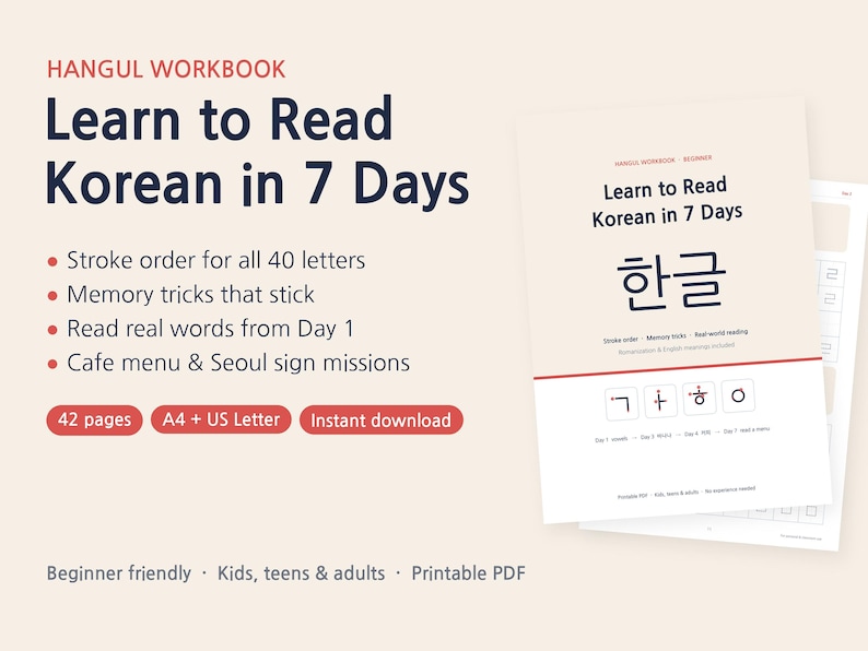 Learn to Read Korean in 7 Days Before Your Korea Trip, Printable Hangul Workbook for Beginners, Kpop & Kdrama Fan Gift image 1