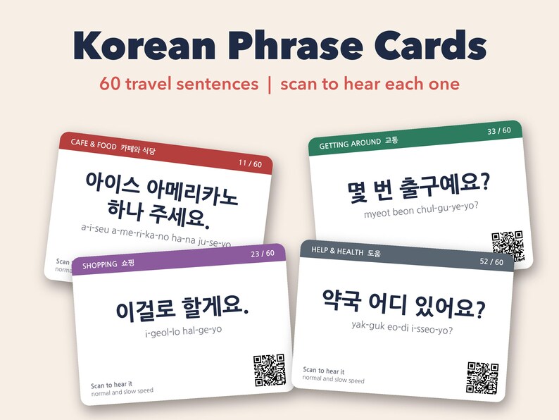 May include: A set of Korean Phrase Cards featuring 60 travel sentences. Four rectangular cards are displayed, each with a colored header, Korean text, romanization, and a QR code. The headers are labeled Cafe & Food, Getting Around, Shopping, and Help & Health.