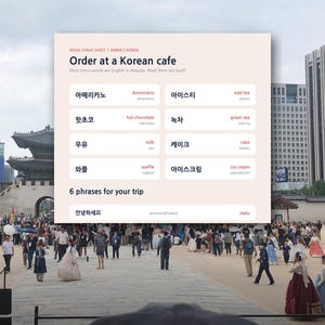May include: A rectangular infographic titled Order at a Korean cafe with a list of Korean words, their English translations, and romanized pronunciations, including items like Americano, iced tea, hot chocolate, green tea, milk, cake, waffle, and ice cream.