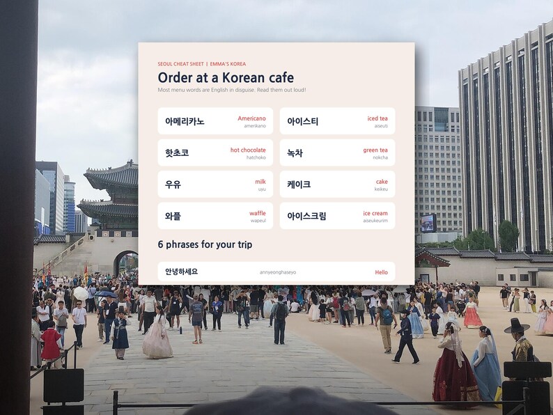 May include: A rectangular infographic titled Order at a Korean cafe with a list of Korean words, their English translations, and romanized pronunciations, including items like Americano, iced tea, hot chocolate, green tea, milk, cake, waffle, and ice cream.
