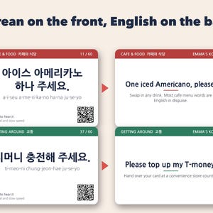 May include: Two double-sided educational cards with Korean text on the front and English translations on the back. The cards feature phrases like 'One iced Americano, please' and 'Please top up my T-money' with QR codes for audio.