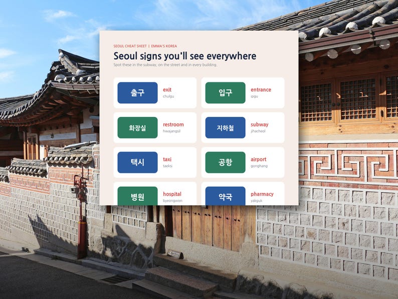 May include: A Seoul cheat sheet infographic titled Seoul signs you'll see everywhere, featuring eight rectangular buttons with Korean text, English translations, and romanized pronunciations for exit, entrance, restroom, subway, taxi, airport, hospital, and pharmacy.