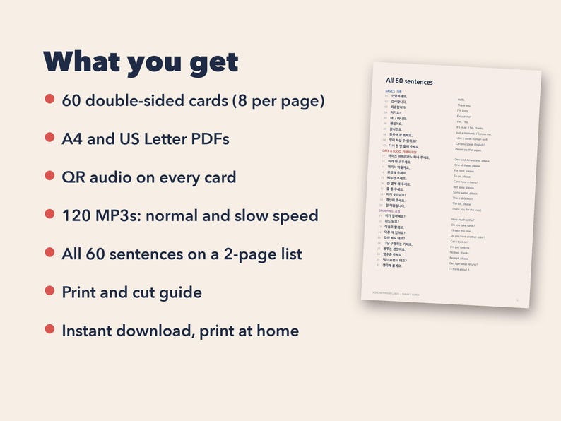 May include: A digital language learning resource featuring a list of 60 sentences on a two-page document. The text includes 60 double-sided cards, A4 and US Letter PDFs, QR audio codes, 120 MP3 files in normal and slow speeds, and a print guide.