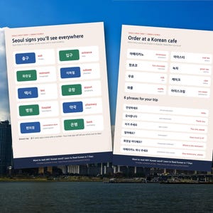 May include: Two educational cheat sheets for learning Korean, featuring lists of common Seoul signs and cafe menu items with English translations, plus essential travel phrases, all presented on a light background with dark blue footers.