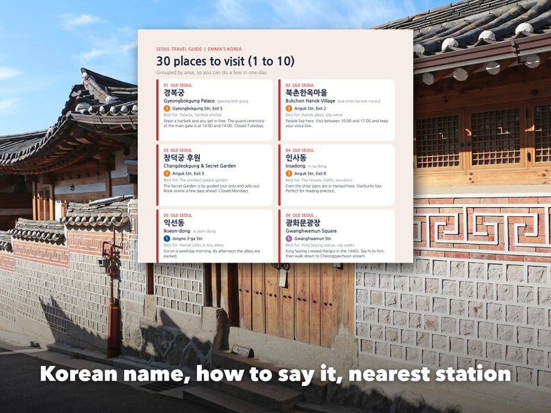 Seoul Travel Guide Printable, 30 Places to Visit, 3 and 5 Day Itinerary, Korea Trip Planner with Korean Phrases, First Time in Seoul image 3