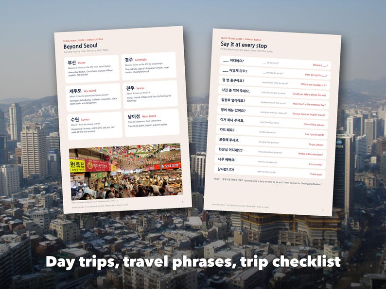 Seoul Travel Guide Printable, 30 Places to Visit, 3 and 5 Day Itinerary, Korea Trip Planner with Korean Phrases, First Time in Seoul image 5