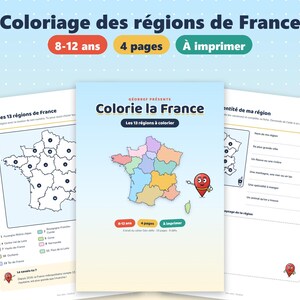 Dibujos para colorear de las regiones de Francia para imprimir, mapa de Francia para colorear para niños, 13 regiones, geografía para edades de 8 a 12 años, PDF