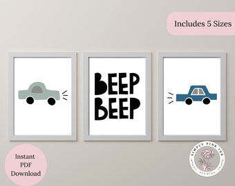 Nursery Print | Nursery Decor | 3 pc Baby Wall Art | Cars Beep Beep | Printable Picture | Art for Kids Room | Baby Boy Room | Playroom