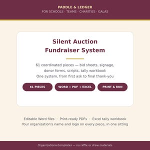 Puede incluir: Un sistema de recaudación de fondos para subastas silenciosas de Paddle & Ledger con 61 piezas coordinadas, incluyendo hojas de puja, señalización, formularios de donación, guiones y un libro de cálculo en Word, PDF y Excel.