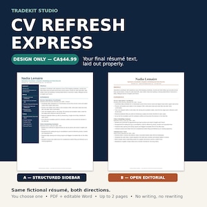 May include: A digital graphic titled TRADEKIT STUDIO CV REFRESH EXPRESS showing two CV layout options for Nadia Lemaire. Option A features a structured sidebar design, while Option B presents an open editorial layout style.