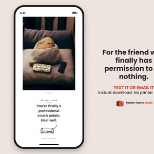 Funny Surgery Get Well E-Card to Text or Email, Sarcastic Recovery Card, Bed Rest Couch Potato, Digital Card, No Printer Needed