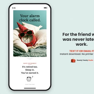 Funny Retirement E-Card to Text or Email, Sarcastic Retirement Card, Alarm Clock Sleep In, Digital Card, No Printer Needed