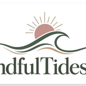 May include: A logo featuring a stylized dark green ocean wave graphic with a muted pink sun rising behind it, positioned above the text MindfulTidesBH written in a dark green serif font against a plain white background.