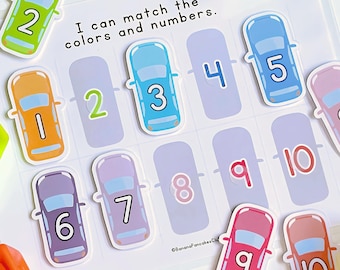 Actividad de emparejar números de coche, aprendizaje Montessori en casa para niños pequeños (descarga digital)