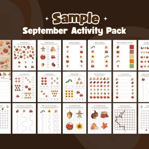 Puede incluir: Un conjunto de p&aacute;ginas de actividades imprimibles de septiembre para ni&ntilde;os. Las p&aacute;ginas presentan ilustraciones oto&ntilde;ales de manzanas, calabazas, bellotas y espantap&aacute;jaros. El texto "Sample September Activity Pack" est&aacute; en la parte superior.