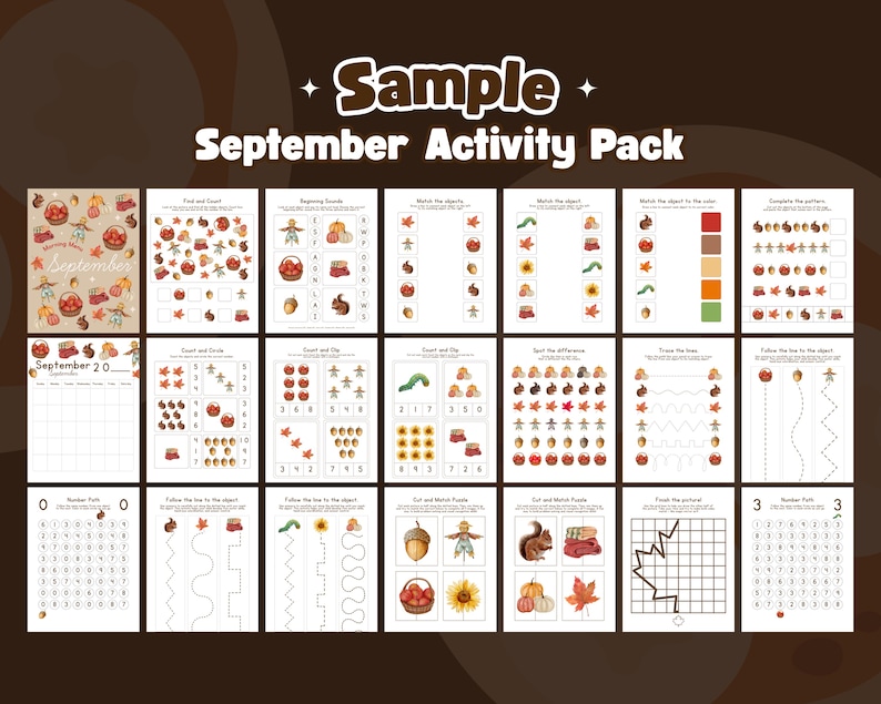 Puede incluir: Un conjunto de p&aacute;ginas de actividades imprimibles de septiembre para ni&ntilde;os. Las p&aacute;ginas presentan ilustraciones oto&ntilde;ales de manzanas, calabazas, bellotas y espantap&aacute;jaros. El texto "Sample September Activity Pack" est&aacute; en la parte superior.